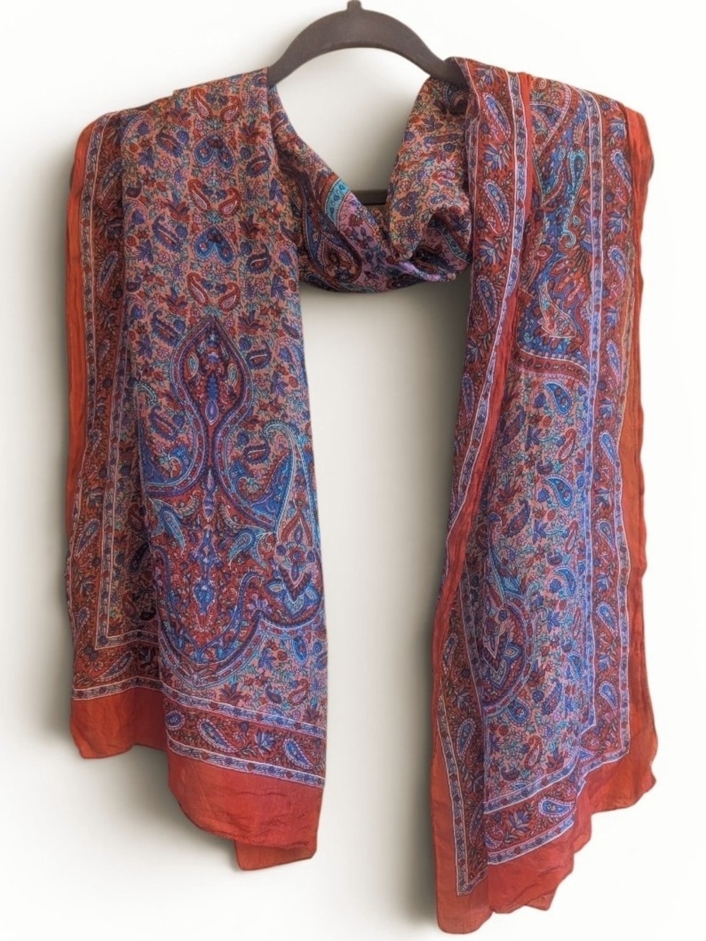 Vintage 100% Silk Paisley Scarf 90s Made In India Red Blue Purple Ornate